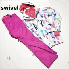 swivel スノーボードウェア LLサイズ　カラフルな羽根柄白　ピンク swivel スノーボードウェア LLサイズ カラフルな羽根柄白 ピンク
