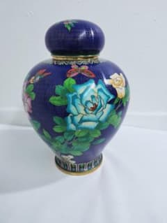 中国 七宝焼? 蓋付き壺 花鳥文様 金属工芸 花瓶 有線 インテリア