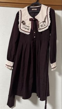 刺繍入り襟 長袖ひざ丈ワンピース ボルドーのサムネイル