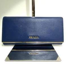 美品✨️ PRADA 長財布 サフィアーノレザー 青 メタルバー フラップ 