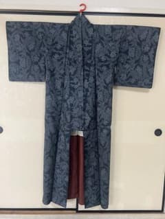 袷 大島紬 着物 紺色 花柄模様 正絹のサムネイル