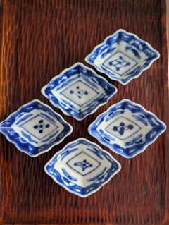 骨董 染付 菱形 豆皿 5枚セット 小皿 醤油皿 薬味皿のサムネイル