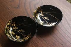デッドストック！極上黒漆に優美な萩蒔絵の映える小皿2点（検輪島塗