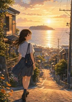 【イラスト】夕暮れの海と少女 アートポスターのサムネイル