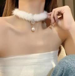 ✨新品未使用 ふわふわファー チョーカー ネックレス 白 雪の結晶×パール
