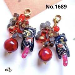 1689.天然石 オブシディアン 和柄 ジャンピング猫 レジン チャーム