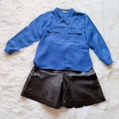 【美品 昭和レトロ 東京スタイル鮮やかコバルトブルー デカ襟シャツ ヴィンテージのサムネイル