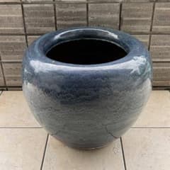 USED】陶器製 「大型火鉢」 藍色 海鼠釉 睡蓮鉢 メダカ鉢 金魚鉢