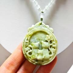 一点物】天然石岫玉翡翠軟玉 猫の親子 ネックレス 彫刻