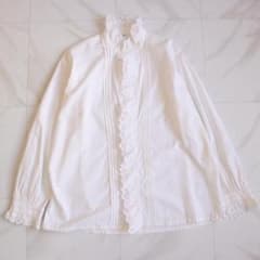 45R 薄オックスのフリルブラウス Lサイズ ホワイト 現行タグ