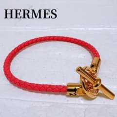 HERMES エルメス グレナン ブレスレット ピンク×ゴールド レザー T2 