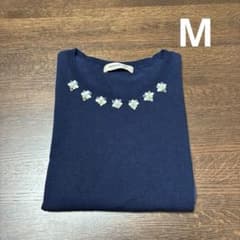 Apuweiser-riche ビジュー付き七分袖シフォンニット ネイビー