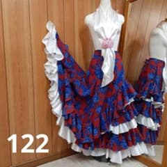 フラメンコ衣装　☆ファルダのみ　赤地青バラ/白波サテン美しいファルダです！ フラメンコ衣装 ☆ファルダのみ 赤地青バラ/白波サテン美しいファルダ
