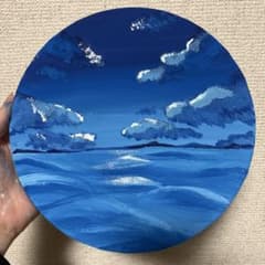 円形キャンバス アクリル画 青い海と空のサムネイル