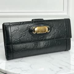 GUCCI グッチ シマ レザー ロゴ金具 Wホック 二つ折り 長財布 ブラック