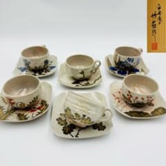 【京焼平安　竹荘造　錦彩草花絵変わり　コーヒー碗皿　六客】共箱　珈琲 京焼平安 竹荘造 錦彩草花絵変わり コーヒー碗皿 六客】共箱 珈琲