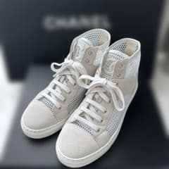 CHANEL シャネル ハイカットスニーカー メッシュ スエード ホワイト系 