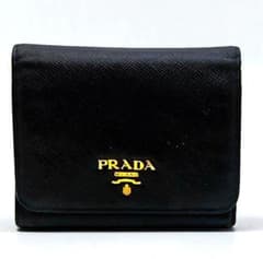 美品 PRADA 三つ折り財布 サフィアーノ レザー ブラック ゴールド金具