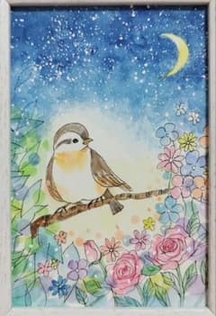 みみ水彩画　三日月と空にのびる花の道　値段は※900円です 三日月が綺麗な夜空 #241 原画 水彩画 絵画 ポストカードsize - メルカリ