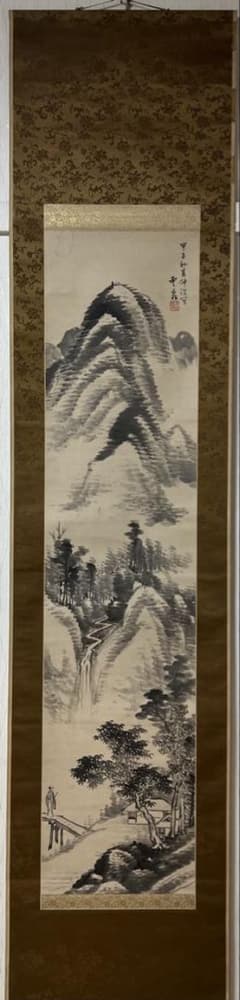 掛け軸 釧路雲泉［觀瀑図］江戸時代の南画家 共箱 紙本 日本画