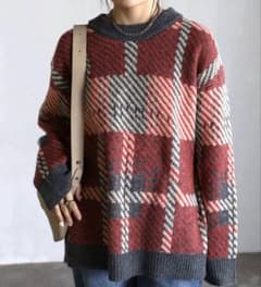 配色ジャガードチェックニットM
