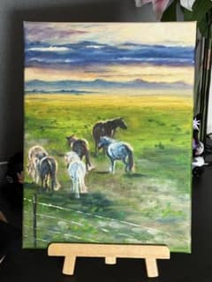「黄昏の馬群」　手描き　油絵　風景画　原画　肉筆　油彩画　30*40 黄昏の馬群」 手描き 油絵 風景画 原画 肉筆 油彩画 30*40 - メルカリ