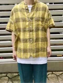 BEAMS BOY リネンチェック スタンドカラー シャツ イエロー - メルカリ