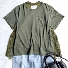 サカイ ドッキング 異素材 Tシャツ カットソー カットワークレース カーキ 緑 サカイ ドッキング 異素材 Tシャツ カットソー カットワークレース
