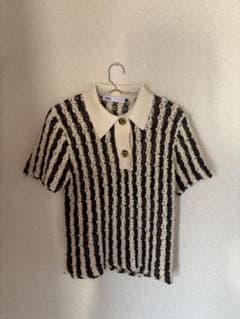 ZARA 半袖ポロニット M ブラウンアイボリーのサムネイル