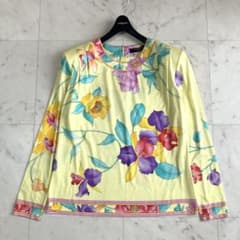 美品 レオナール 光沢感 カットソー トップス トリム 花 コットン 黄 M