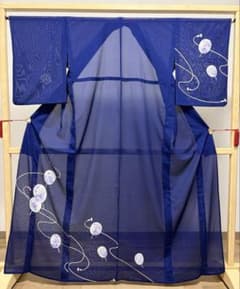 A 夏物 美品 うちわに花々 組紐 藍色 絽 紗 薄物 正絹 訪問着 着物