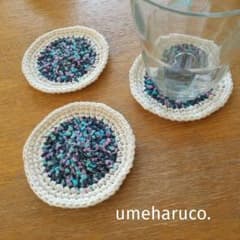 【ハンドメイド】クリームソーダのコースター  3枚セット コットン リネンのサムネイル