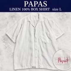 Papas リネン100% 開襟 半袖シャツ L 白 ボックスシャツ 麻 日本製
