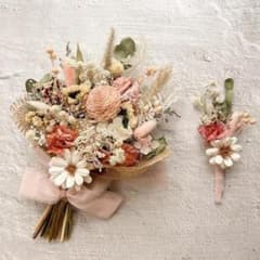 くすみピンク ウェディングブーケ ブートニア付き ドライフラワー 結婚