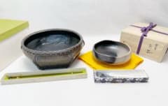 遺品整理◼️蔵のから謎の特大な灰盤？灰皿でしょうか？　名あり、箱あり　共箱　茶道具 未使用 茶道具 寄神崇白作 桂窯 雲華焼 灰器 唐物写六角 炭斗 灰匙