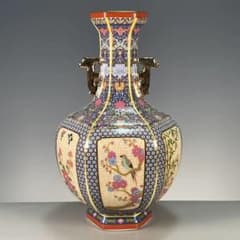 Enamel-decorated vase with two handles and lacquered floral and bird motifs, Jingdezhen porcelain, decorative item, contemporary craft, fine art, ornament.
