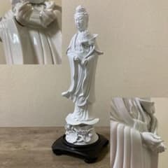 中国美術 白磁 蓮上観音立像 唐木台付 置物仏像〈検 徳化窯 観音菩薩
