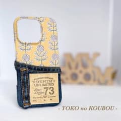 【オーダー】iPhoneケース イエロー生地に花柄×デニム スマホケースのサムネイル