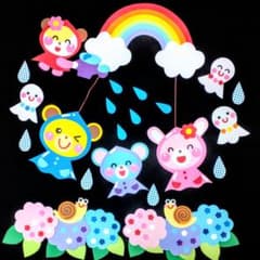 6月壁面飾り＊虹とてるてる坊主＊あじさい＊梅雨＊保育園・幼稚園・動物壁面のサムネイル