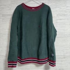 XL チャンピオン リバースウィーブ グリーン ラインリブ 刺繍ロゴ 青単 復刻