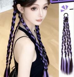 黒紫メッシュ三つ編みツインテールウィッグエクステ編み込みヒップホップダンス原宿系