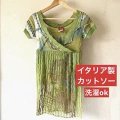 個性的デザイン＊レイヤード風 グリーン系 カットソー トップス【イタリア製】のサムネイル