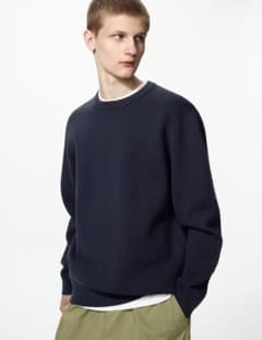 UNIQLO ウォッシャブルミラノリブクルーネックセーター ネイビーのサムネイル