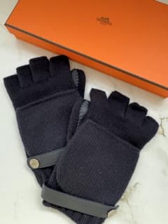 HERMES ダークネイビー 指なしグローブ カシミア100%×レザー Lサイズ