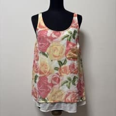 Rose print sleeveless cross-back top, Hawaiian tropical style.