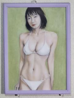 女性のリアルなオイルパステル・アクリル画　A4　　手描き　フレーム付きのサムネイル