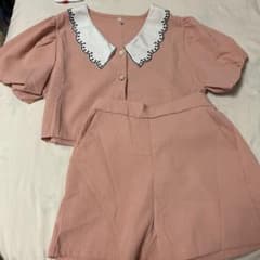 襟付き パフスリーブ トップス ショートパンツ セットアップ ピンクのサムネイル
