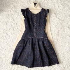 美品✨Rene TISSUE製 ひざ丈ワンピース ロングジャケット シルク 黒 極美品✨Rene TISSUE社製 高級ツイードワンピース ひざ丈 ネイビー S