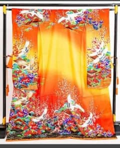 お引き摺り　おお振り　掛下　オレンジ 鶴柄 着物 178cmのサムネイル
