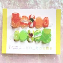 ★現品のみ　ネイルチップ　ポップ　オレンジ　黄緑　推し活　個性派　原宿　グミベアのサムネイル